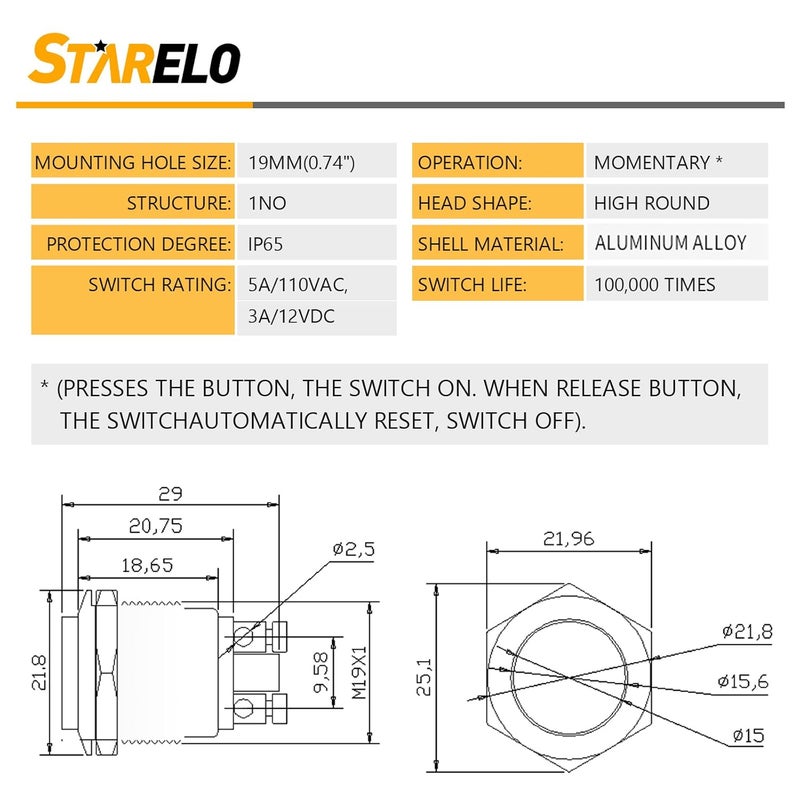 STARELO 5pcs 19mm Momentary Push Button Switch Black Shell, IP65 Waterproof Push Button Switch,Aluminum Alloy 1 Normally Open Without LED. - Image 3
